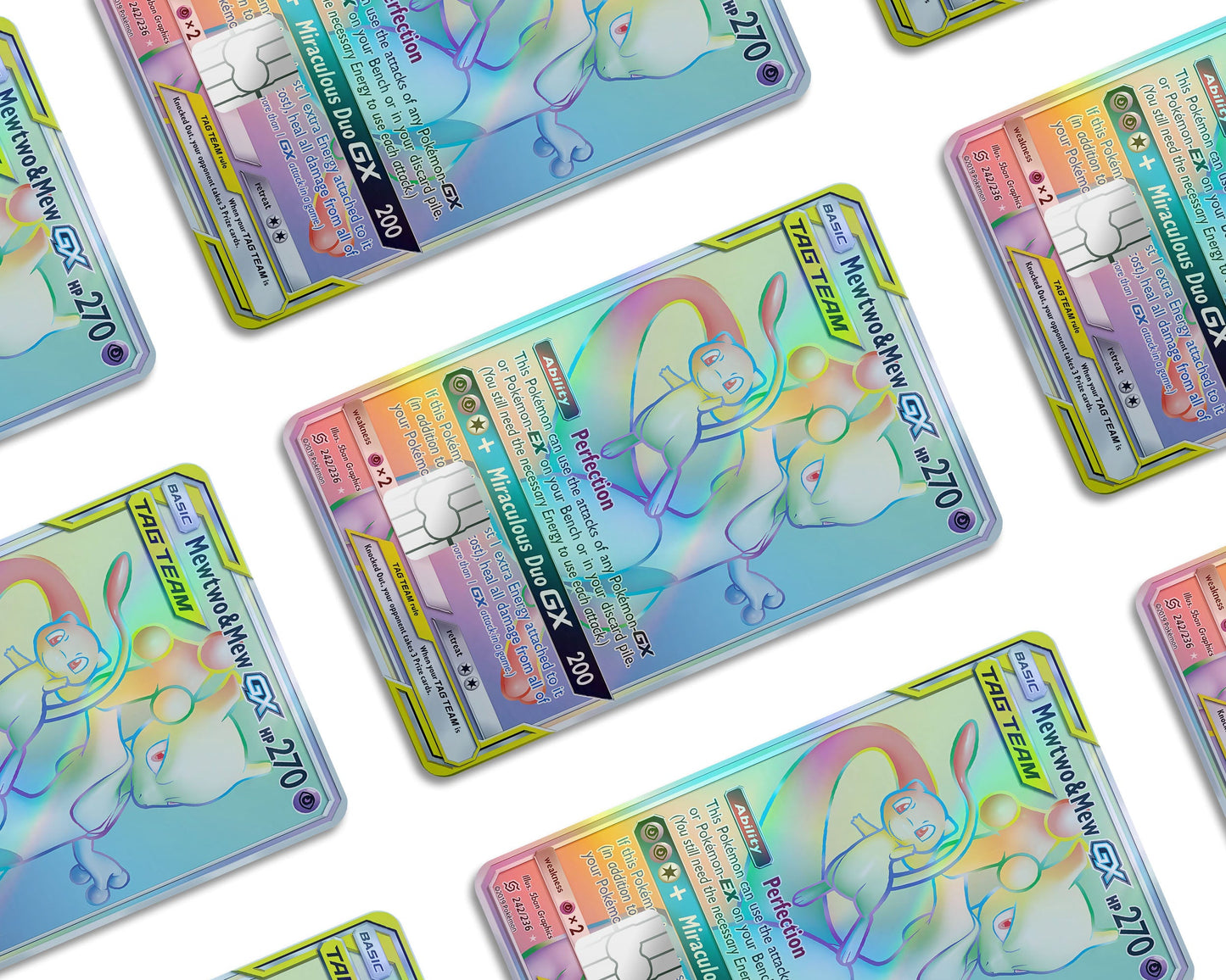 Anime Town Creations Holographic Credit Card Tag Rainbow Mewtwo & Mew Pokemon Card Window Skins - Anime Pokemon Holographic Credit Card Skin