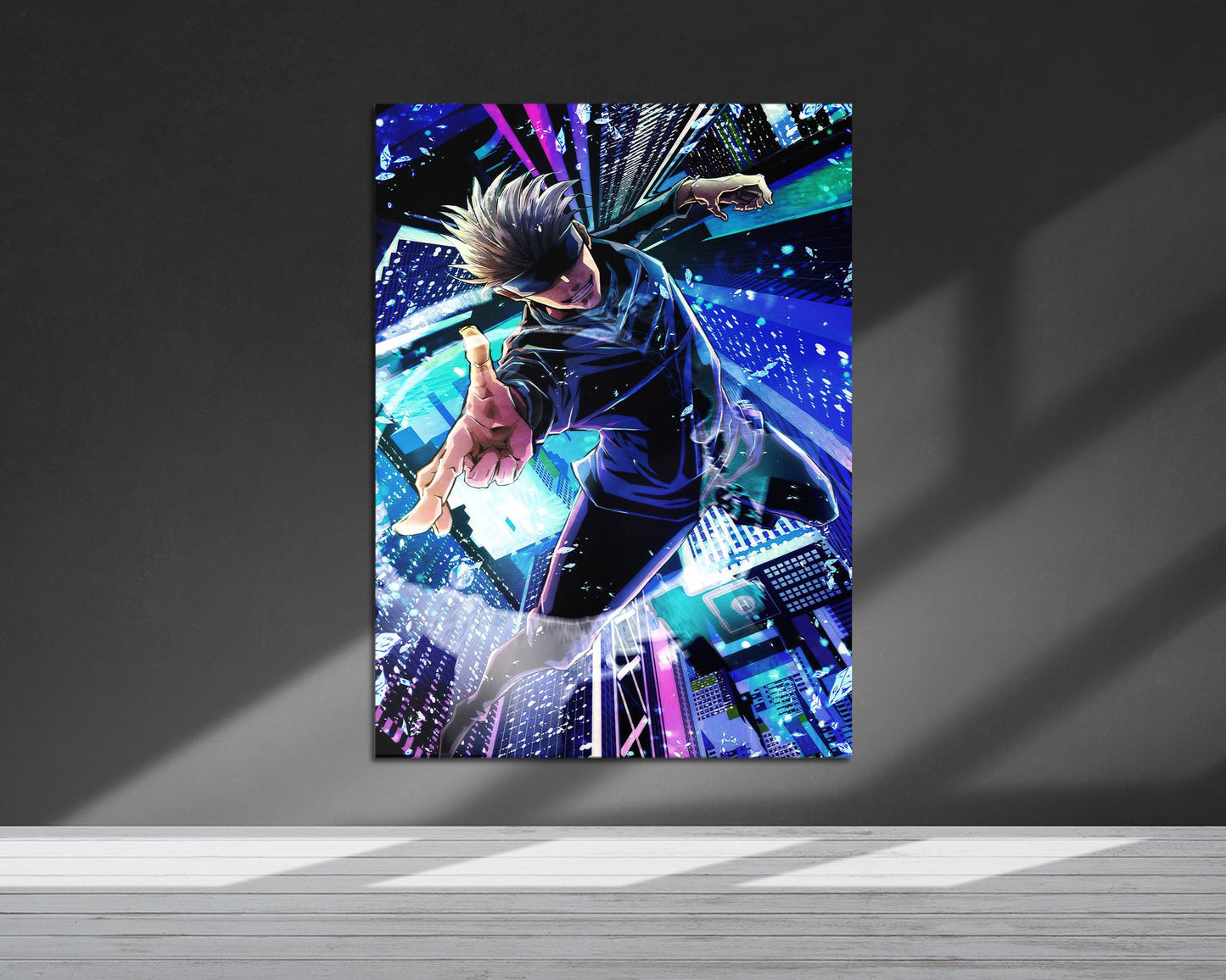 Anime Town Creations Metal Poster Jujutsu Kaisen Satoru Gojo Cityscape 5" x 7" Home Goods - Anime Jujutsu Kaisen Metal Poster