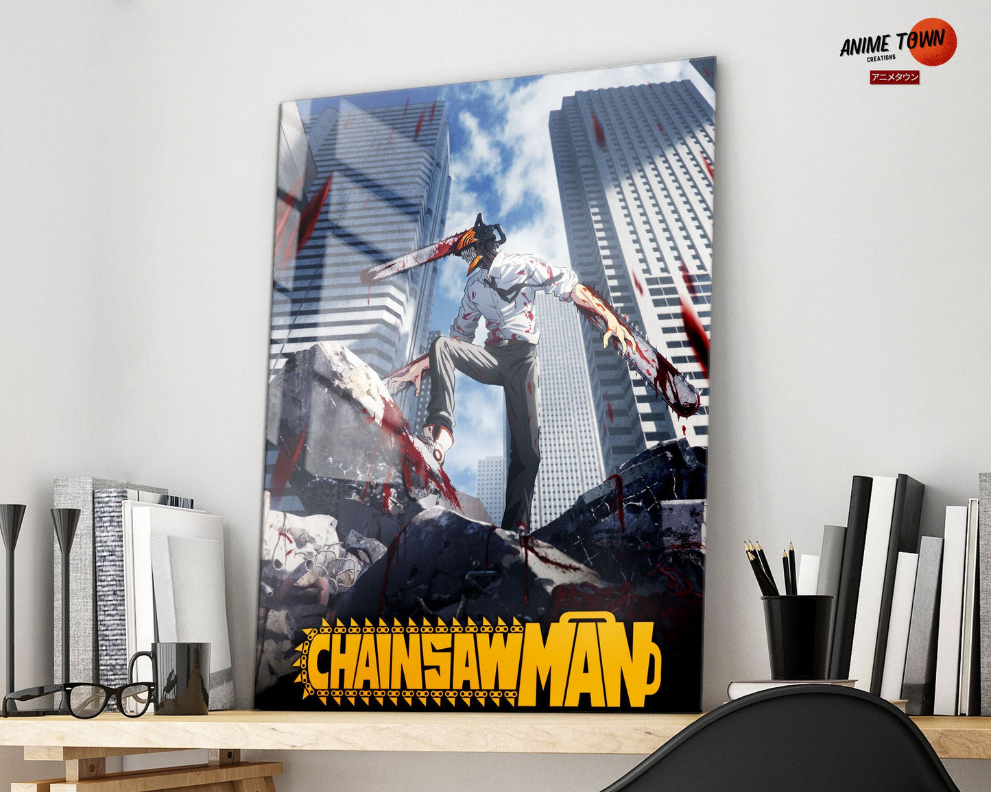 Anime Town Creations Metal Poster Chainsaw Man Cityscape 11" x 17" Home Goods - Anime Chainsaw Man Metal Poster