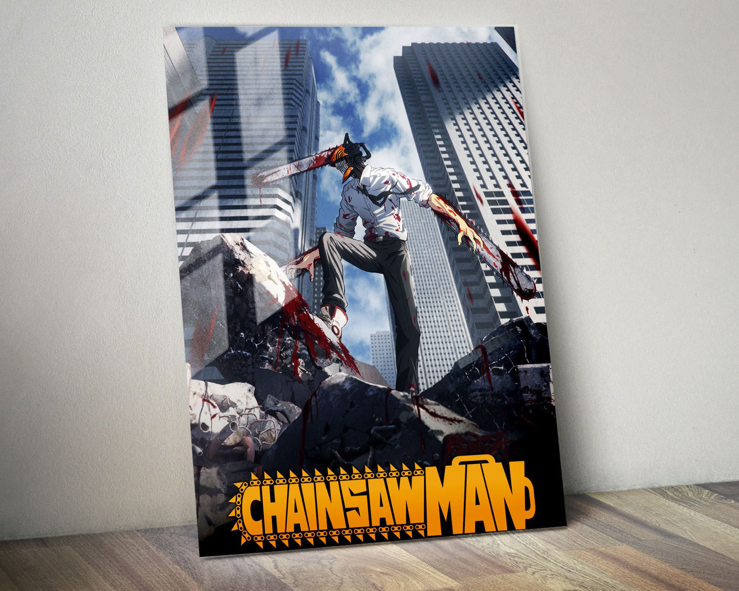 Anime Town Creations Metal Poster Chainsaw Man Cityscape 24" x 36" Home Goods - Anime Chainsaw Man Metal Poster