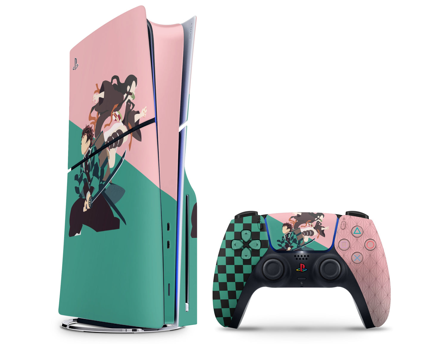 Anime Town Creations PS5 Slim Demon Slayer Green Pink PS5 Slim Skins - Anime Demon Slayer PS5 Slim Skin