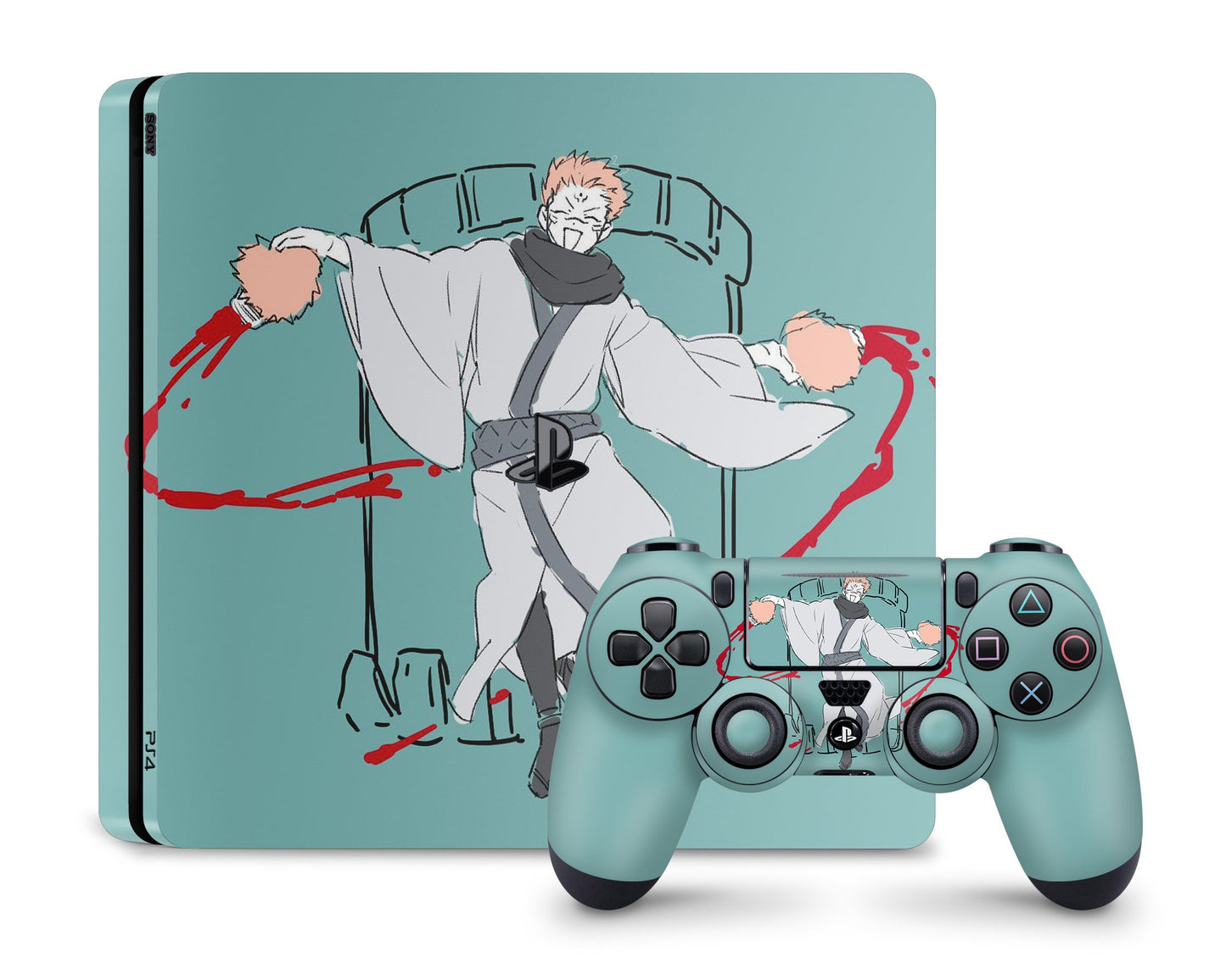 PlayStation PS4 Jujutsu Kaisen Minimalist Sukuna Teal PS4 Skins - Anime Jujutsu Kaisen Skin