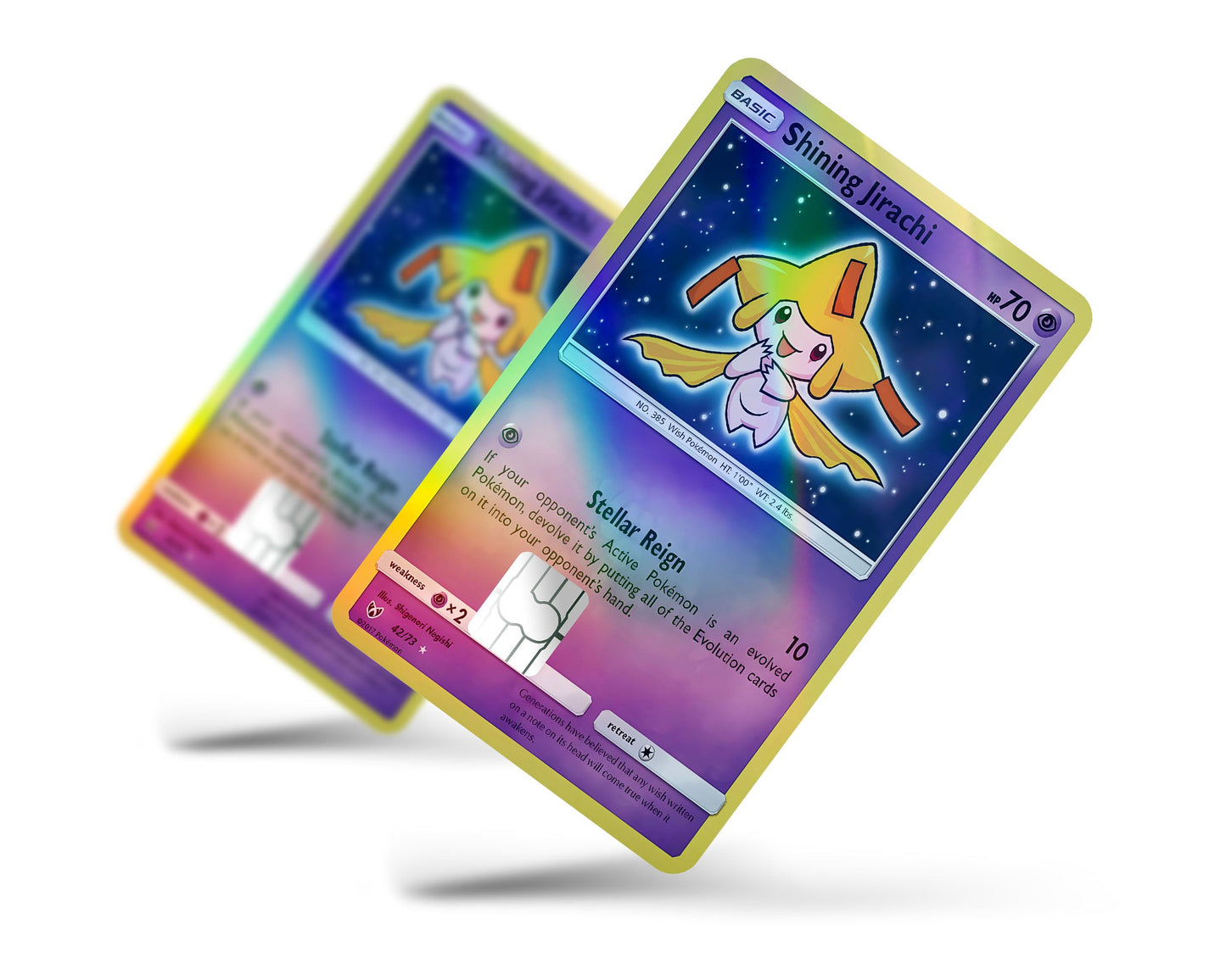 pokemon cards on wish Shining Jirachi Pokemon Card Holographic Credit Card Holographic Credit Card Skin – Anime Town Creations