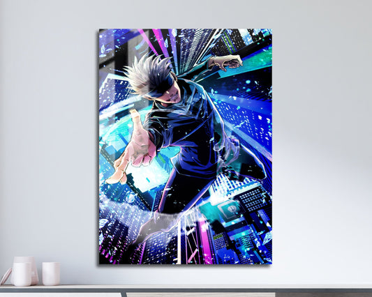 Anime Town Creations Metal Poster Jujutsu Kaisen Satoru Gojo Cityscape 11" x 17" Home Goods - Anime Jujutsu Kaisen Metal Poster