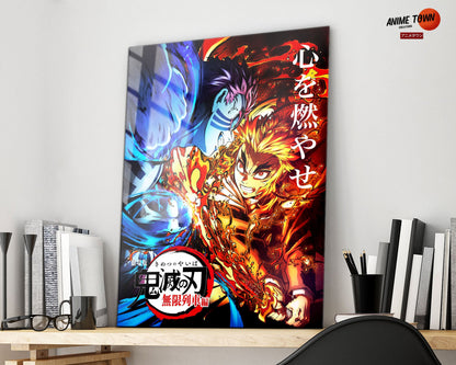 Anime Town Creations Metal Poster Demon Slayer Kyojuro Rengoku vs Akaza 16" x 24" Home Goods - Anime Demon Slayer Metal Poster