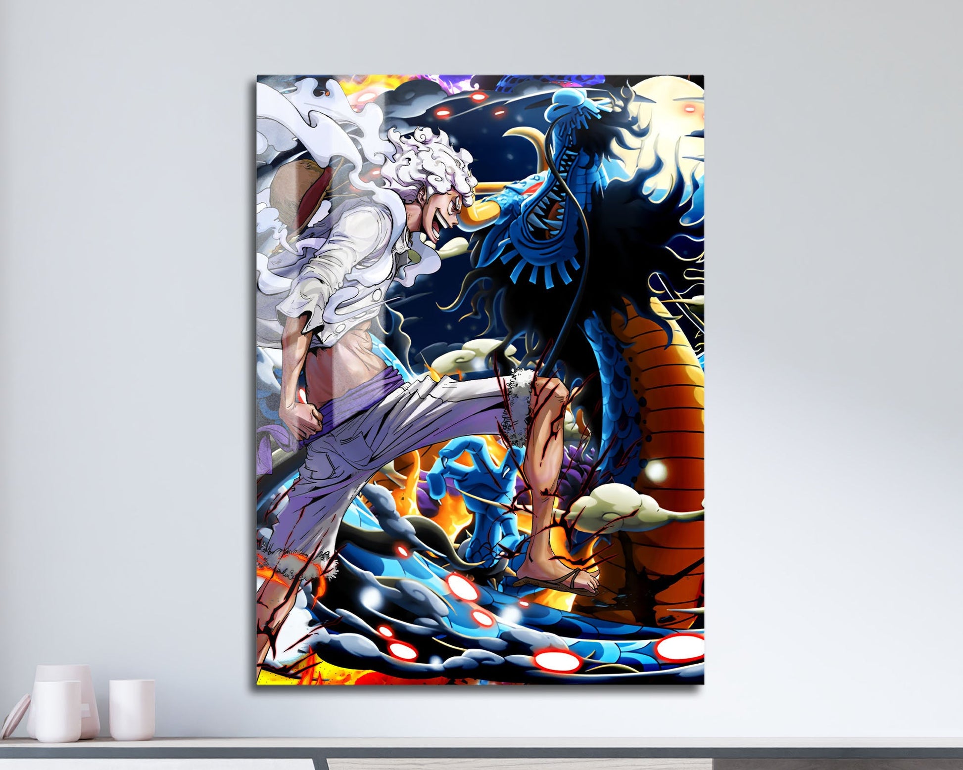 luffy gear 5 artwork One Piece Luffy Gear 5 vs Kaido Metal Poster Metal Poster – Anime Town Creations