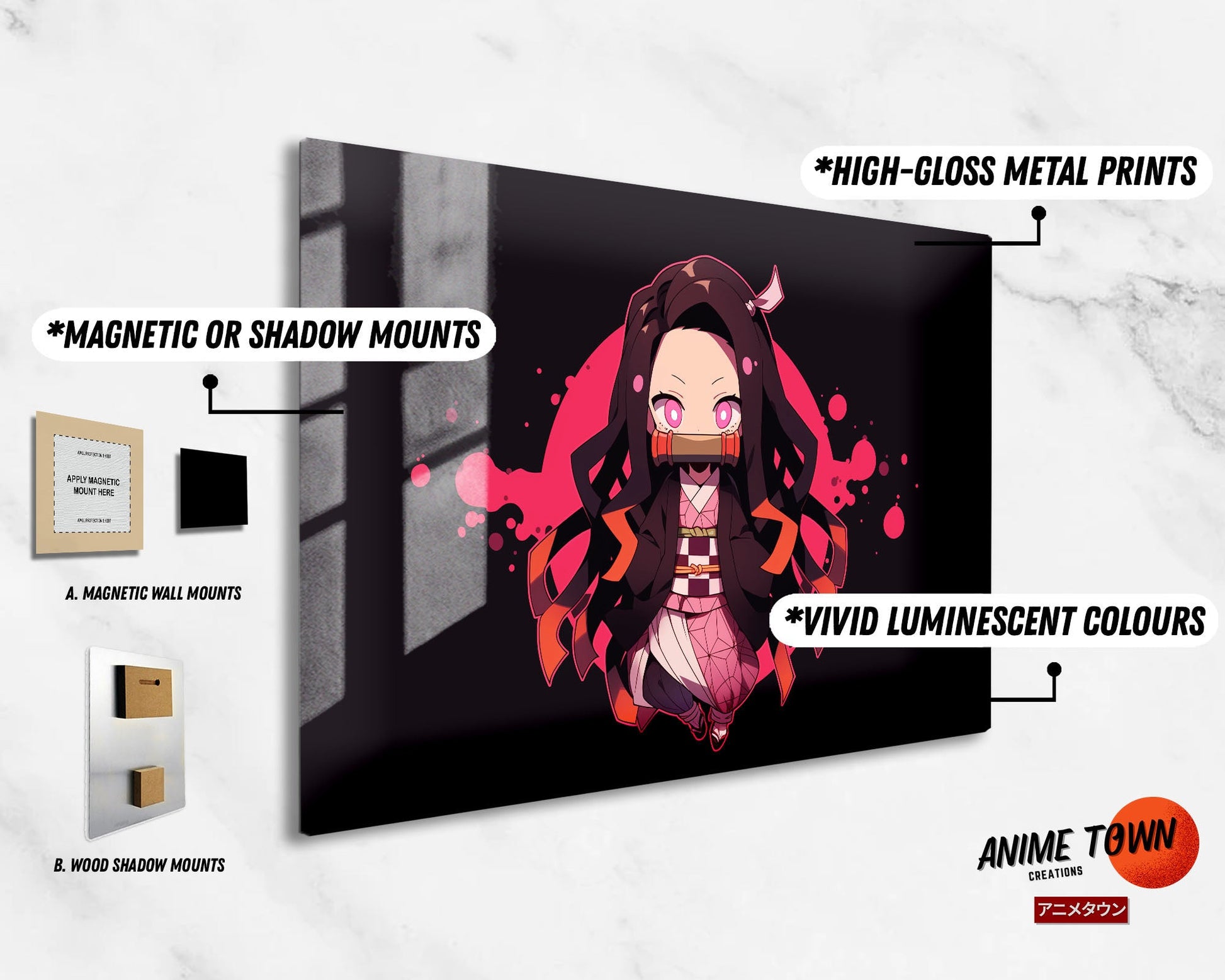 Anime Town Creations Metal Poster Landscape Demon Slayer Nezuko Kamado Chibi 17" x 11" Home Goods - Anime Demon Slayer Metal Poster