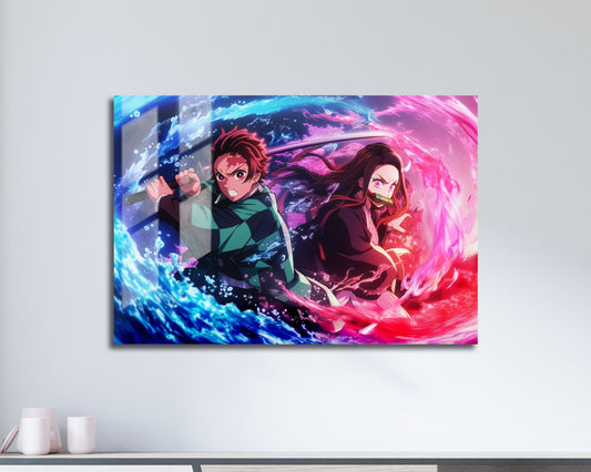 Anime Town Creations Metal Poster Landscape Demon Slayer Tanjiro Nezuko Flames 17" x 11" Home Goods - Anime Demon Slayer Metal Poster