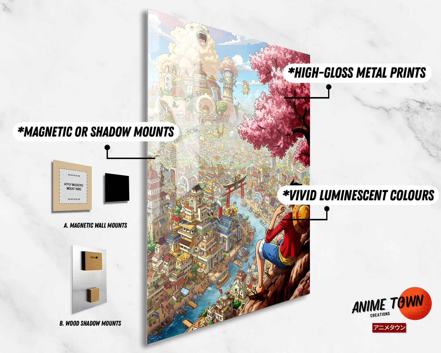 Anime Town Creations Metal Poster One Piece Luffy Town 11" x 17" Home Goods - Anime One Piece Metal Poster