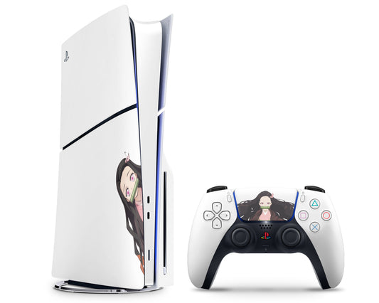 Anime Town Creations PS5 Slim Demon Slayer Nezuko Cute White PS5 Slim Skins - Anime Demon Slayer PS5 Slim Skin