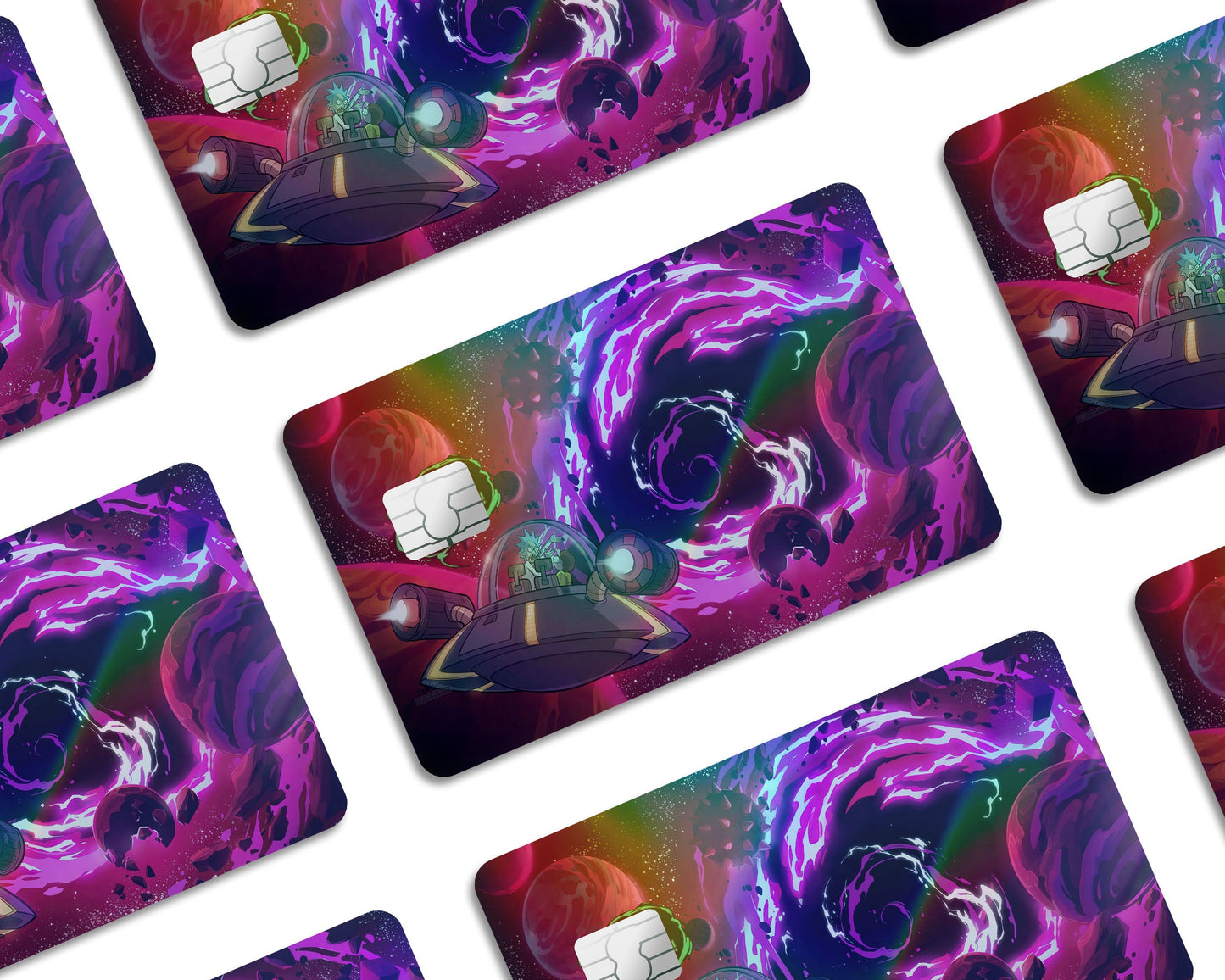 Anime Town Creations Holographic Credit Card Rick and Morty Space Travel Purple Window Skins - Anime Rick and Morty Holographic Credit Card Skin