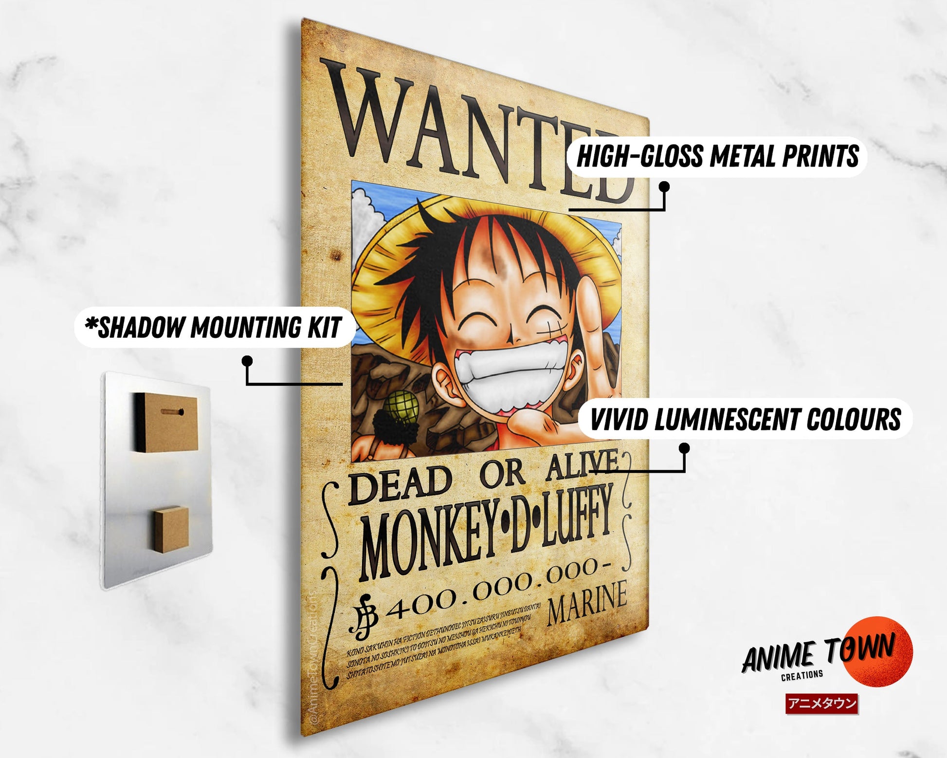 Anime Town Creations Metal Poster One Piece Luffy Wanted Poster 11" x 17" Home Goods - Anime One Piece Metal Poster