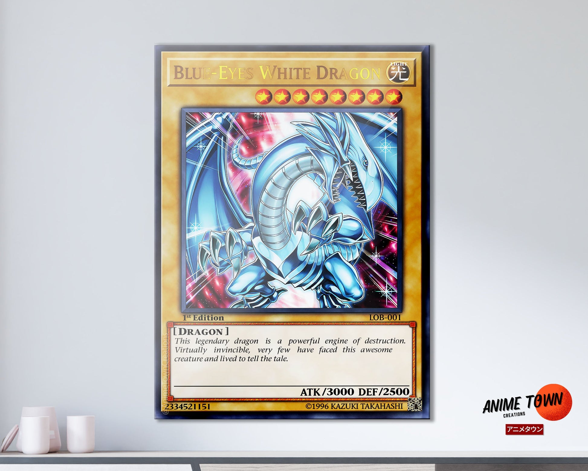 Anime Town Creations Metal Poster Yugioh Blue Eyes White Dragon 1st Edition Card 11" x 17" Home Goods - Anime Yu-Gi-Oh Metal Poster