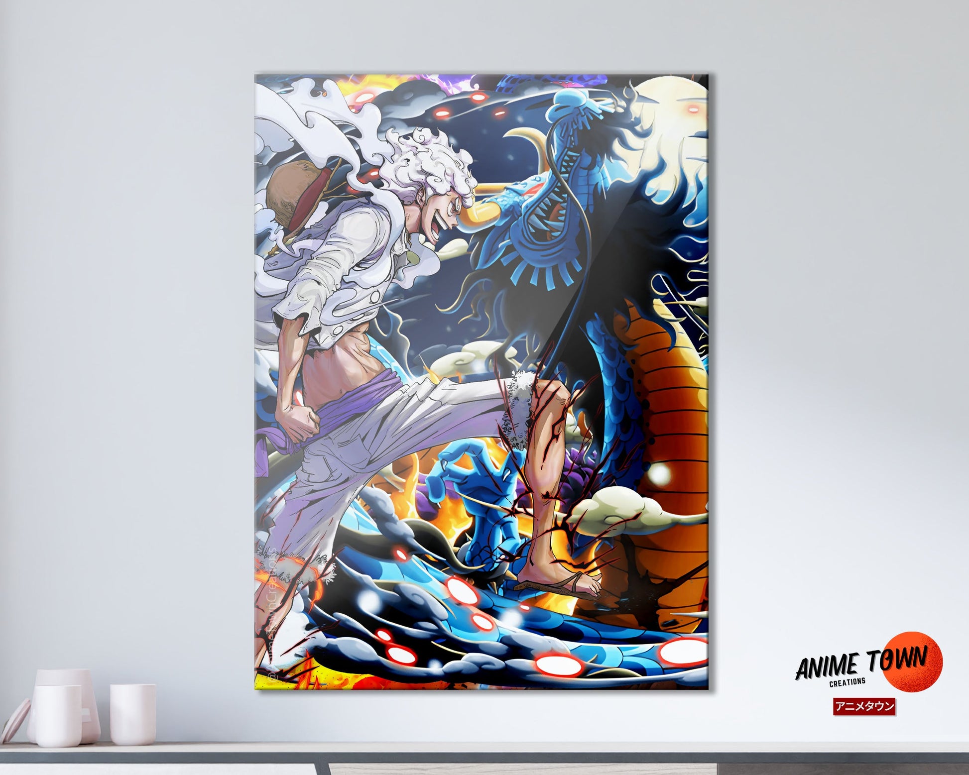 Anime Town Creations Metal Poster One Piece Luffy Gear 5 vs Kaido 11" x 17" Home Goods - Anime One Piece Metal Poster