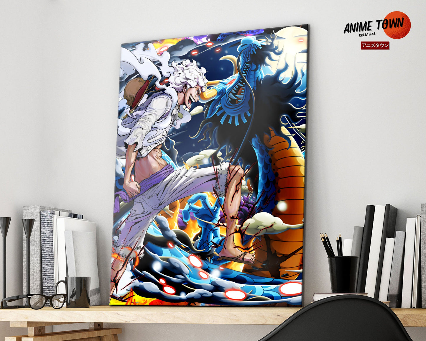 Anime Town Creations Metal Poster One Piece Luffy Gear 5 vs Kaido 16" x 24" Home Goods - Anime One Piece Metal Poster