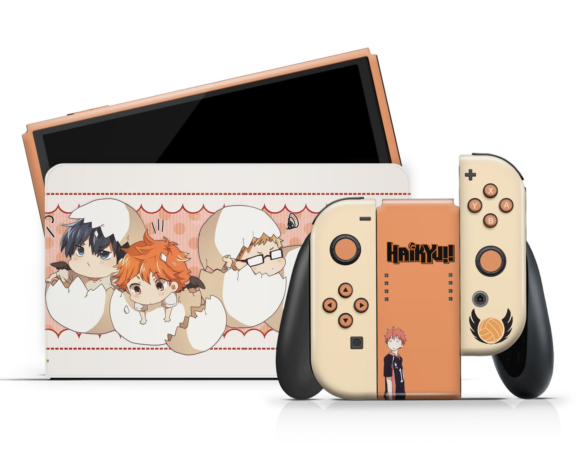 Anime Town Creations Nintendo Switch OLED Haiykuu Cute Karasuno High Eggs Vinyl +Tempered Glass Skins - Anime Haikyuu Switch OLED Skin