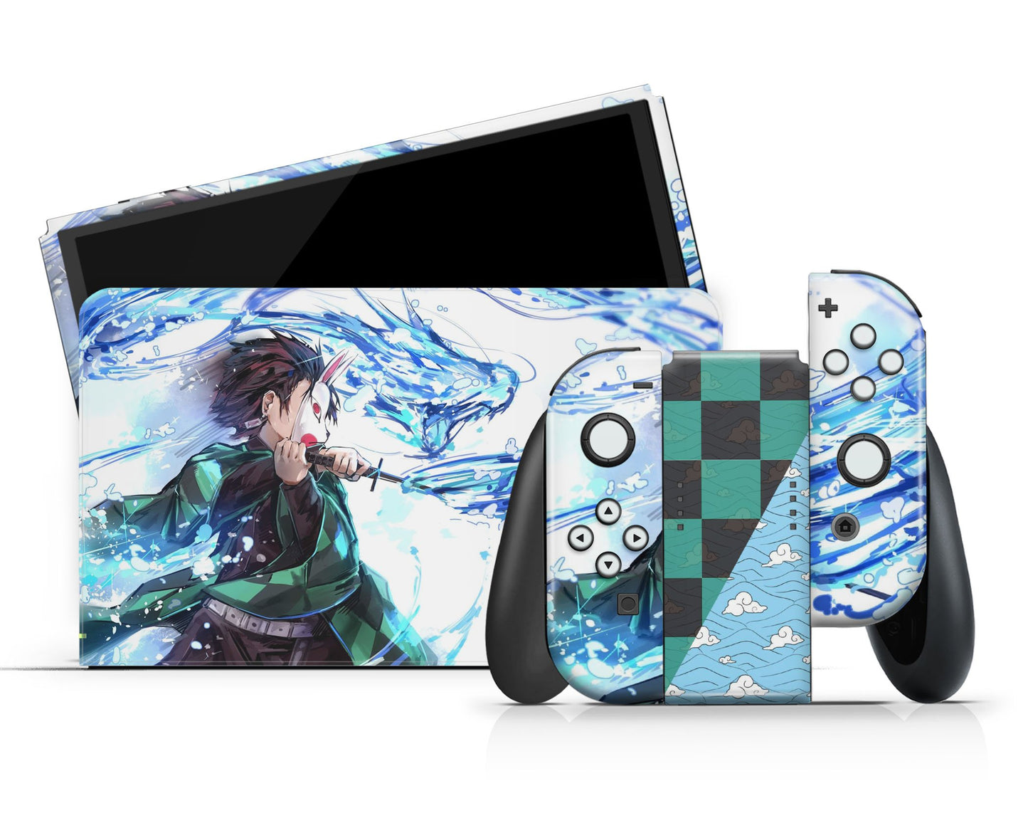 Anime Town Creations Nintendo Switch OLED Demon Slayer Tanjiro Water Breathing Style Vinyl +Tempered Glass Skins - Anime Demon Slayer Switch OLED Skin
