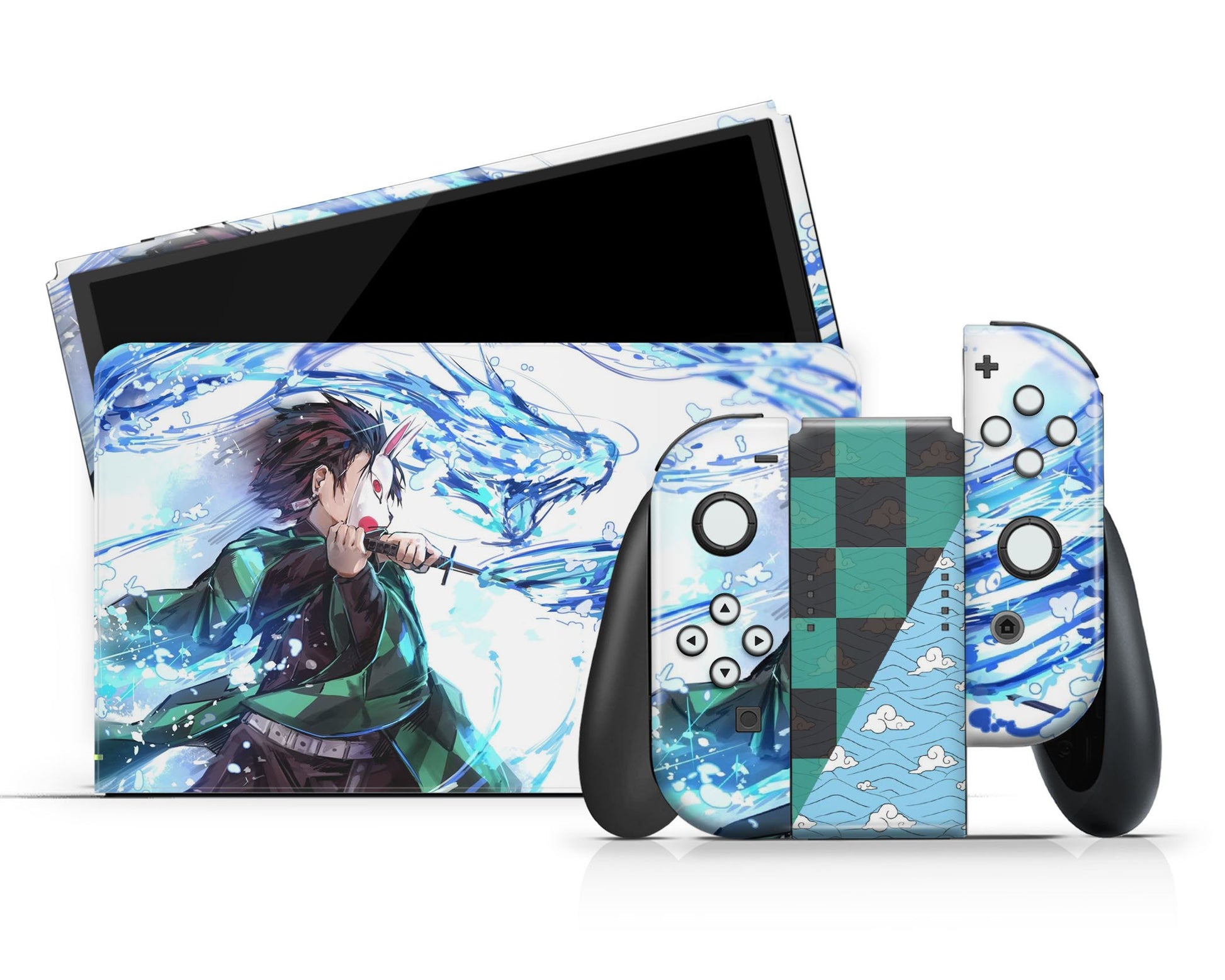 Anime Town Creations Nintendo Switch OLED Demon Slayer Tanjiro Water Breathing Style Vinyl +Tempered Glass Skins - Anime Demon Slayer Switch OLED Skin