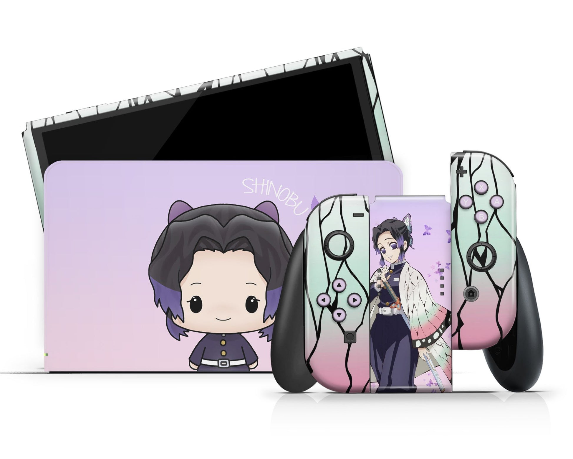 Anime Town Creations Nintendo Switch OLED Demon Slayer Chibi Shinobu Vinyl +Tempered Glass Skins - Anime Demon Slayer Switch OLED Skin