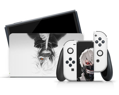 Anime Town Creations Nintendo Switch OLED Tokyo Ghoul Ken Kaneki White Vinyl +Tempered Glass Skins - Anime Tokyo Ghoul Switch OLED Skin