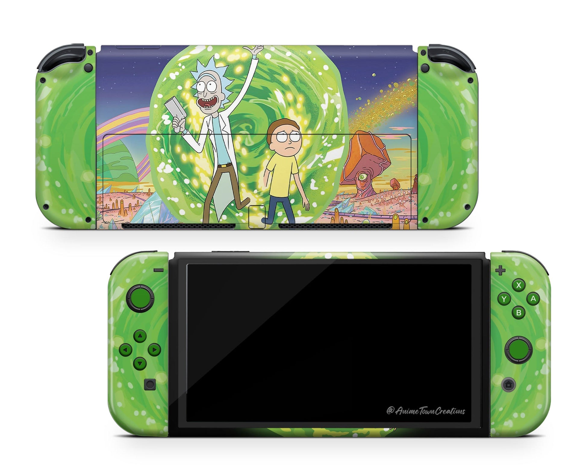 Anime Town Creations Nintendo Switch OLED Rick and Morty Portal Time Vinyl +Tempered Glass Skins - Anime Rick and Morty Switch OLED Skin