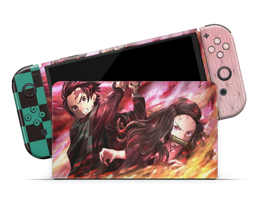 Anime Town Creations Nintendo Switch OLED Demon Slayer Nezuko and Tanjiro Flames Vinyl only Skins - Anime Demon Slayer Switch OLED Skin