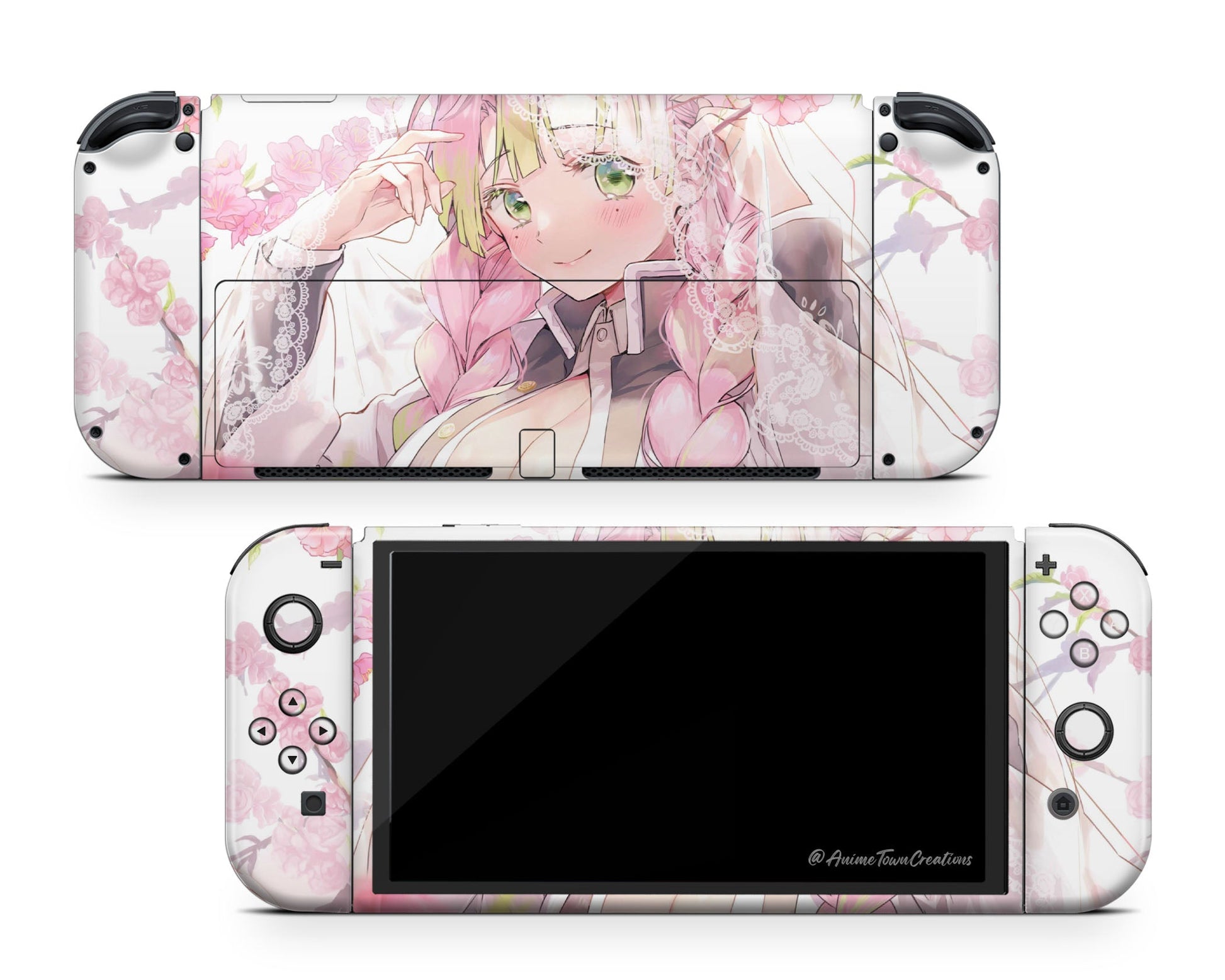 Anime Town Creations Nintendo Switch OLED Demon Slayer Mitsuri Kanroji Love Hashira Vinyl +Tempered Glass Skins - Anime Demon Slayer Switch OLED Skin