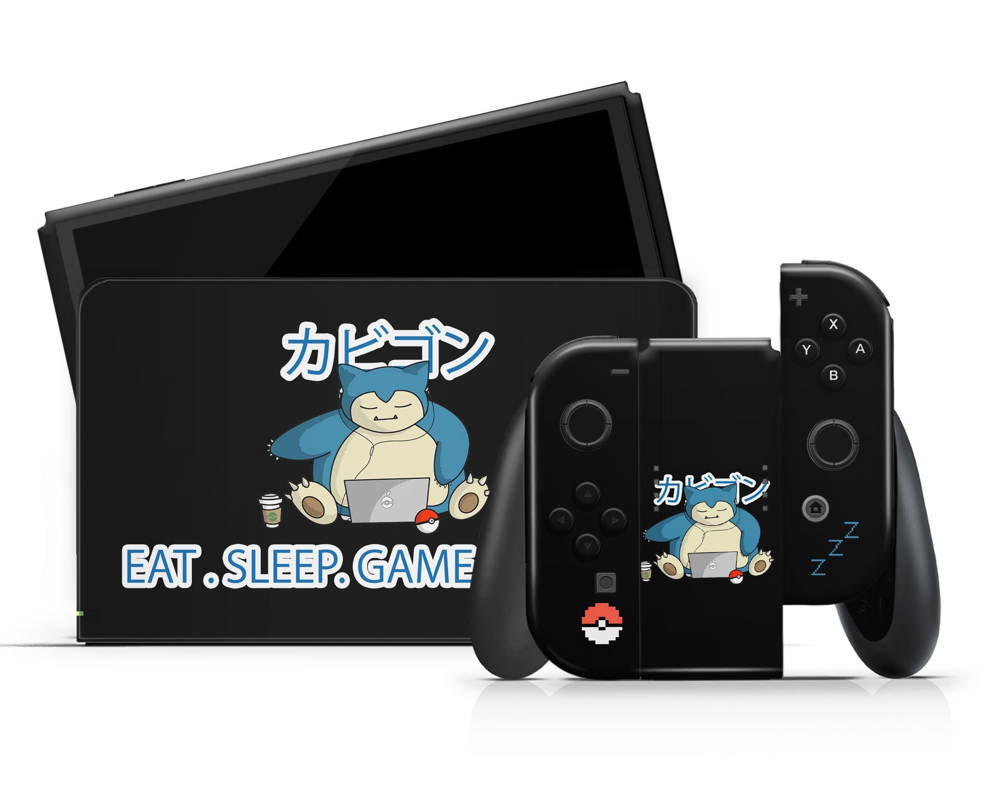 Anime Town Creations Nintendo Switch OLED Snorlax Eat Sleep Game Repeat Vinyl +Tempered Glass Skins - Anime Pokemon Switch OLED Skin