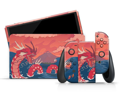 Anime Town Creations Nintendo Switch OLED Gyarados Dragon Rage Waves Vinyl +Tempered Glass Skins - Anime Pokemon Switch OLED Skin
