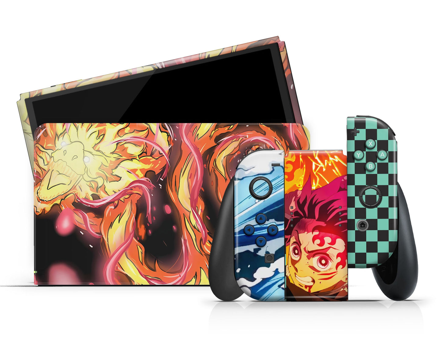 Anime Town Creations Nintendo Switch OLED Demon Slayer Tanjiro Sun Halo Dragon Head Dance Vinyl +Tempered Glass Skins - Anime Demon Slayer Switch OLED Skin