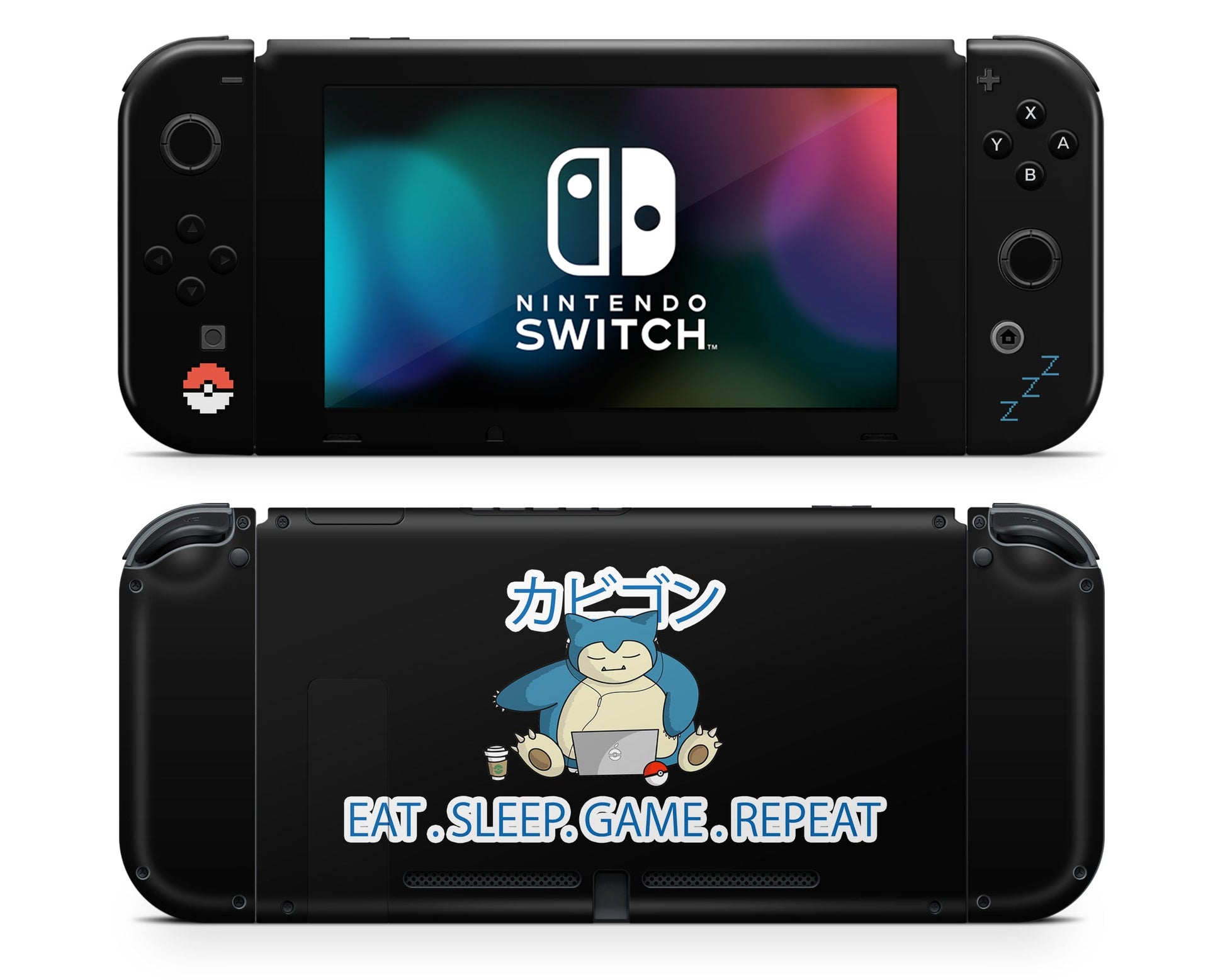 Anime Town Creations Nintendo Switch Snorlax Eat Sleep Game Repeat Vinyl +Tempered Glass Skins - Anime Pokemon Switch Skin
