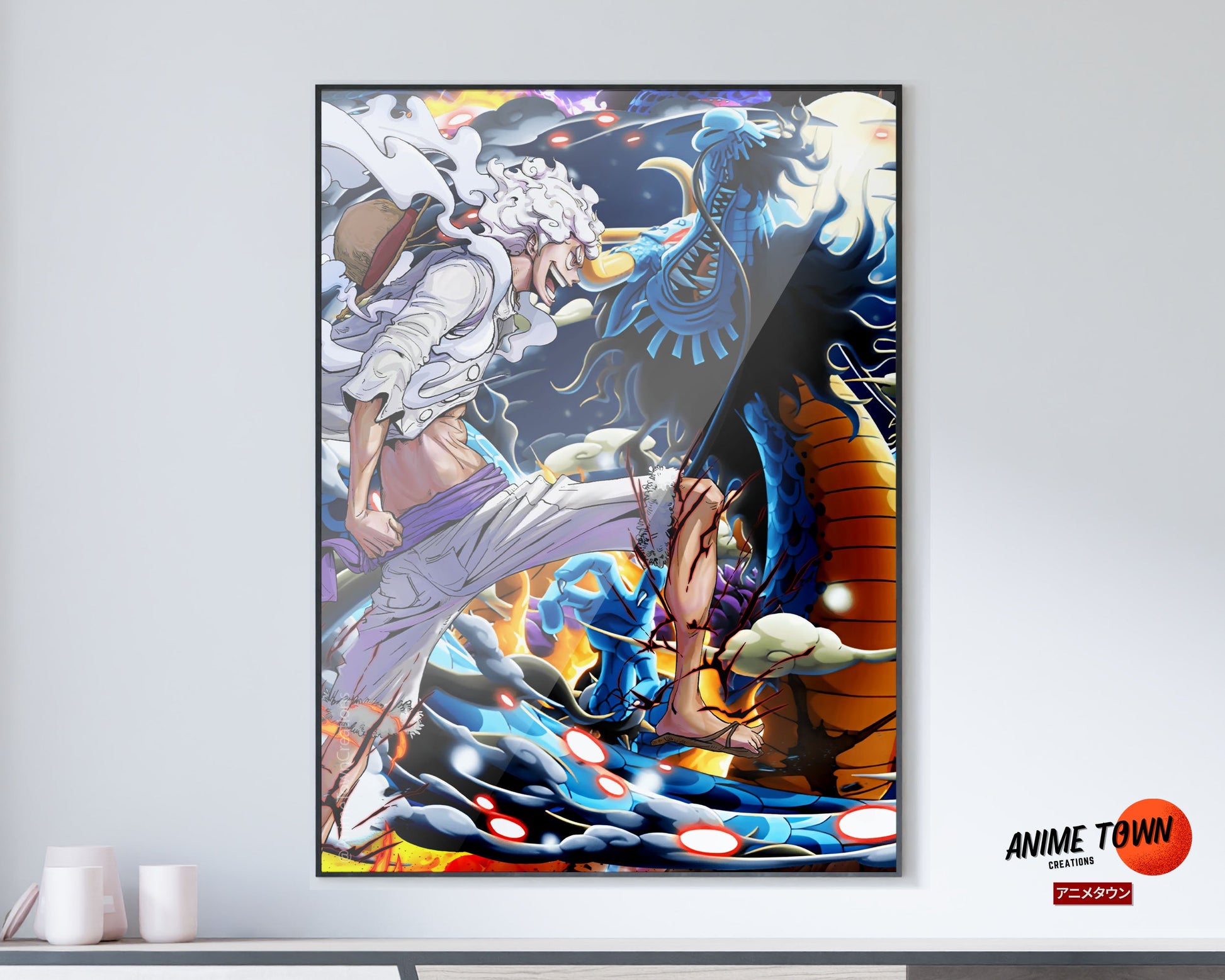 gear 5 luffy vs kaido One Piece Luffy Gear 5 vs Kaido Poster – Anime Town Creations