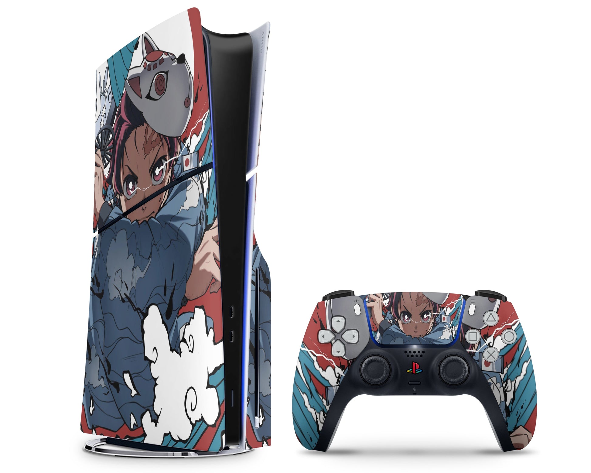 Anime Town Creations PS5 Slim Demon Slayer Tanjiro Fox Mask PS5 Slim Skins - Anime Demon Slayer PS5 Slim Skin
